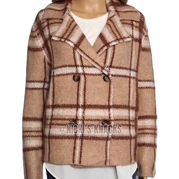 Rachel Zoe Tan Brown Plaid Jacket Eyelash Texture Soft Stretch Coatigan Size M - Picture 3 of 11